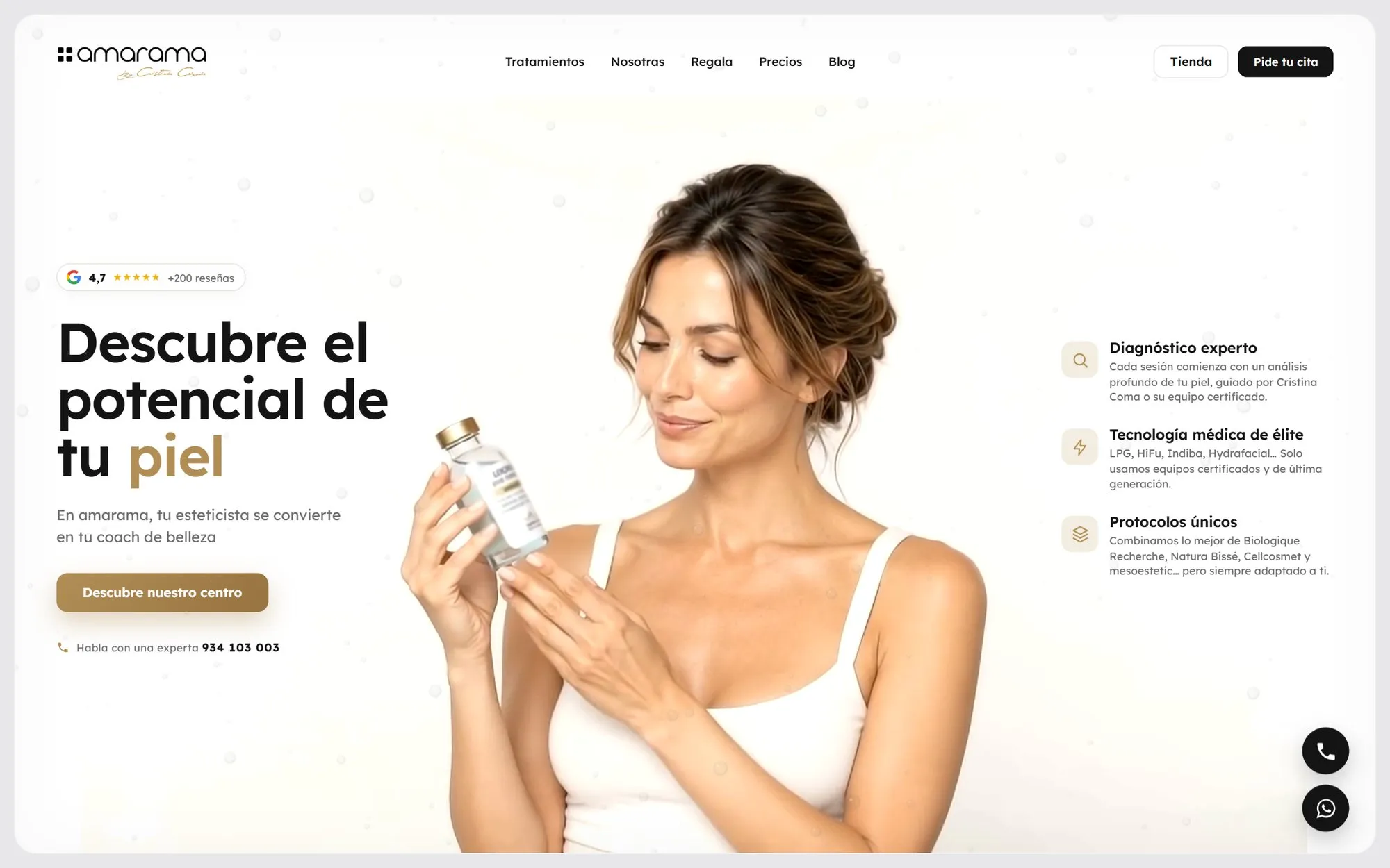 Homepage of the amarama website (Beauty centre)