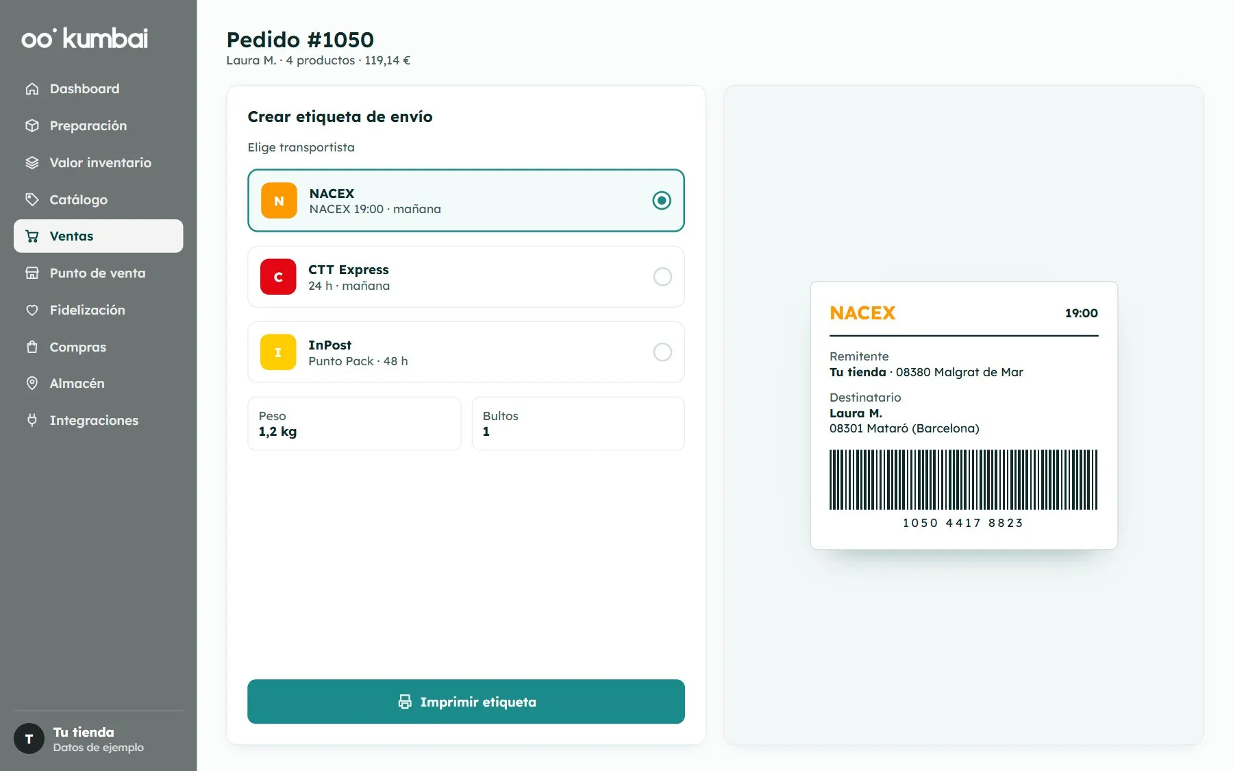 Kumbai: creating the shipping label
