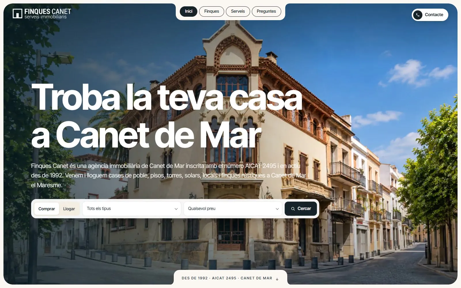 Homepage of the Finques Canet website (Estate agent)