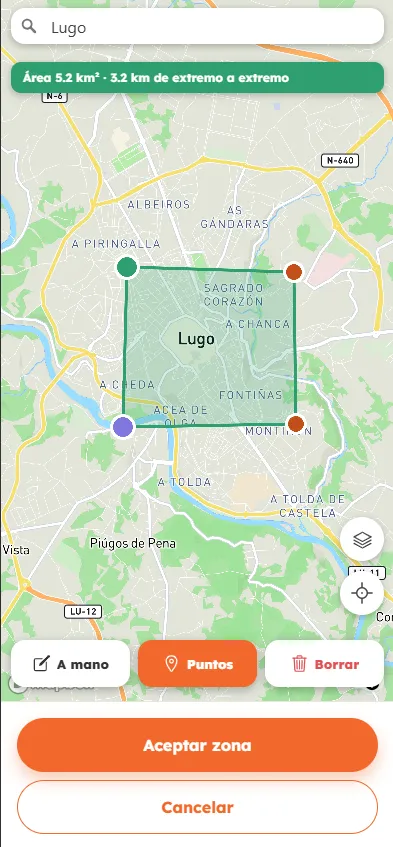 Snurkel app: an area drawn on the map of Lugo